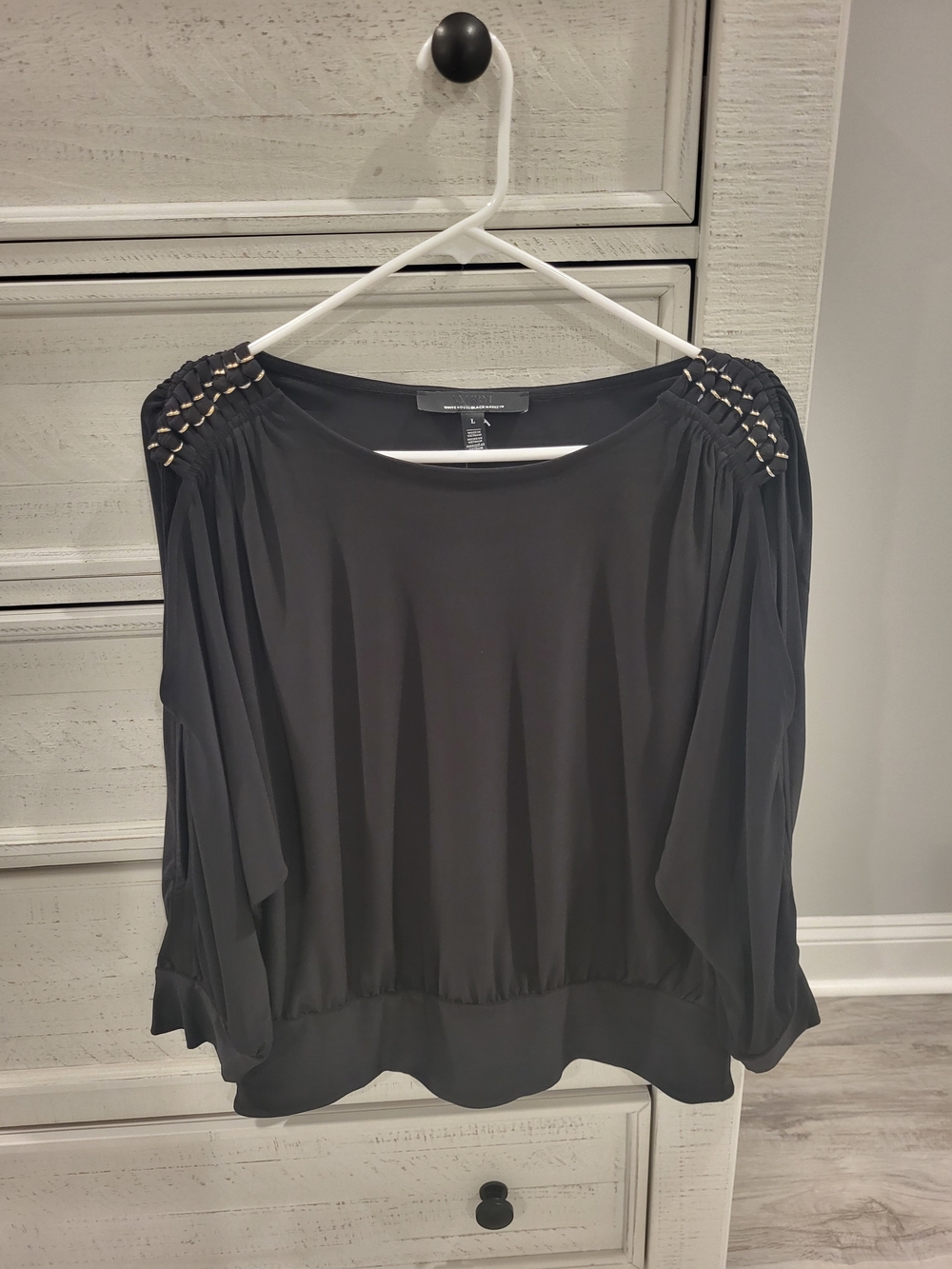 WHBM, Women’s Black Blouson Top with Embellished Shoulders